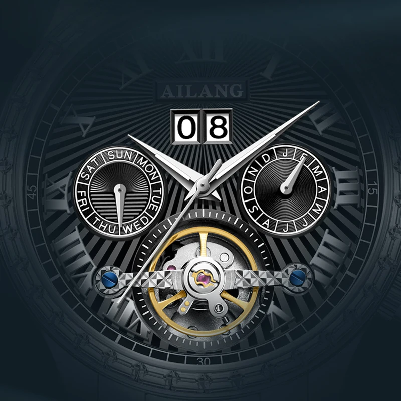 AILANG Orologio da polso di lusso Tourbillon luminoso impermeabile con data Orologio da uomo in acciaio inossidabile Orologi meccanici automatici da uomo Reloj_voghion.com