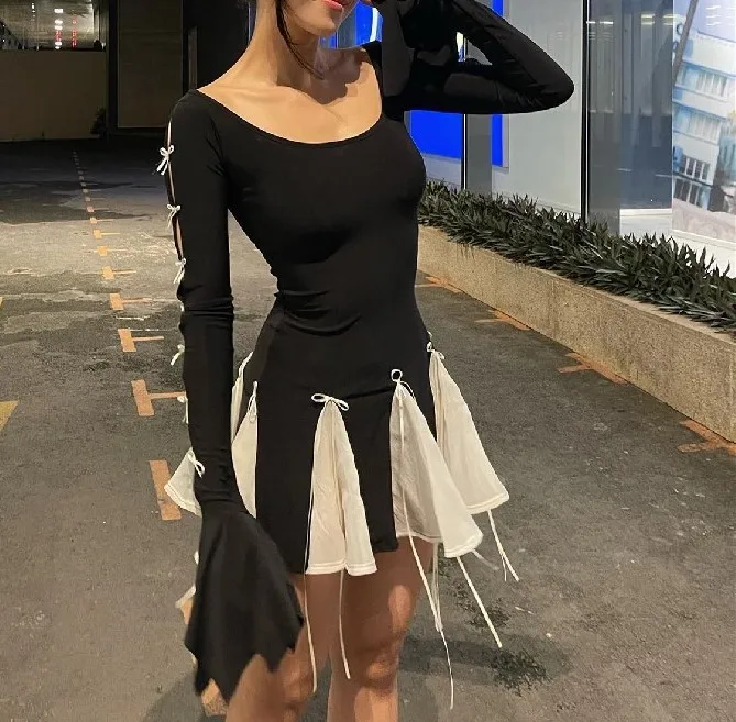 

Women Cute Black Mini Dress Fashion Long Sleeve A-line Party Tassel Dress Lace-up Bow Elegant Party Club Robes