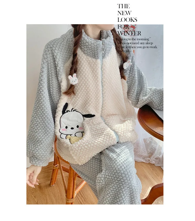 Pochacco Pajamas Kawaii Sanrio Cute Girl Coral Fleece Thicken Keep Warm Tracksuit Set