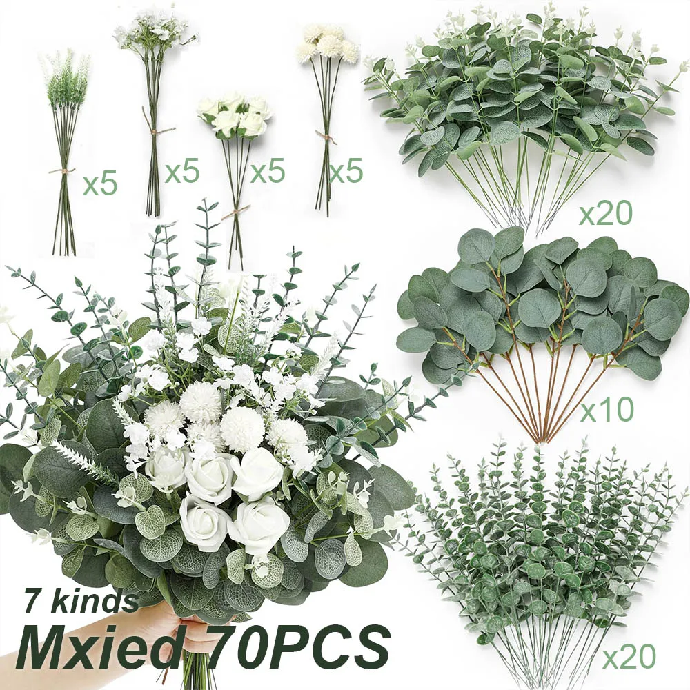 Mixed Artificial Flower Bouquets with Eucalyptus and Willow Leaves - 50PCS for Wedding and Home Decor Arrangements
