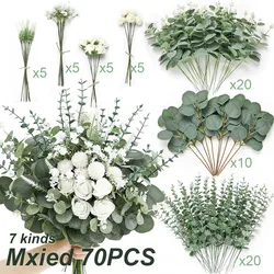 Mixed Artificial Flower Bouquets with Eucalyptus and Willow Leaves - 50PCS for Wedding and Home Decor Arrangements (7kinds 70pcs)