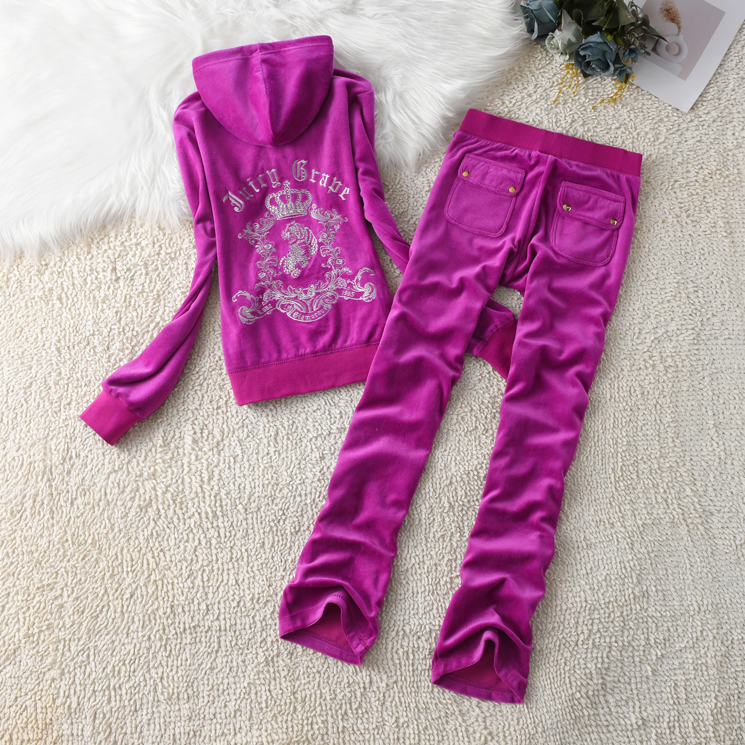 Women's Tracksuit Set 2024 Spring/Fall Women's Sweatshirt and Trousers Set Juicy Grape Velvet Tracksuit Two Piece Set