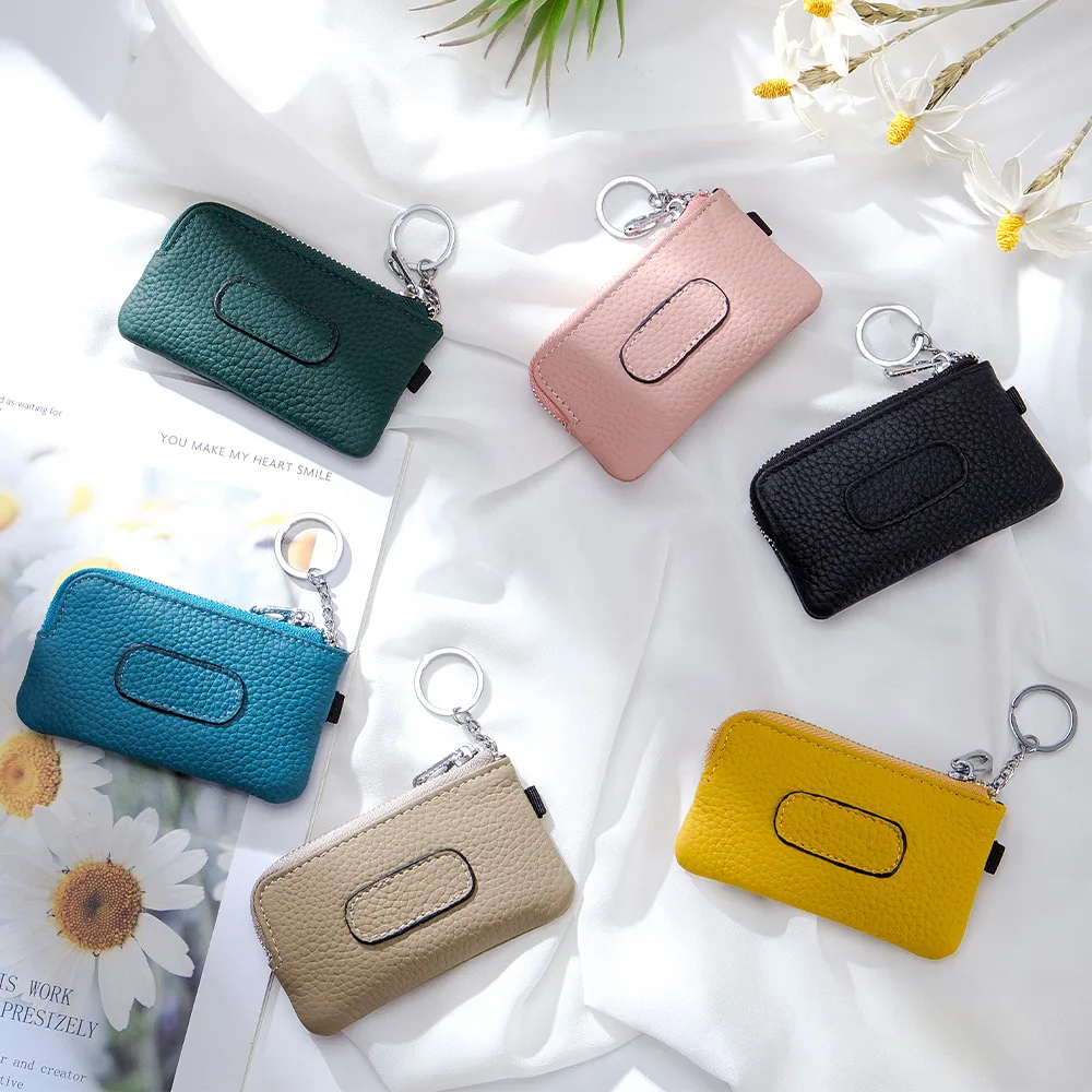 Genuine Leather Unisex Coin Purse Minimalist Design Fashion Car Key Pouch  Solid Color Luxury Brand Slim Mini Purse with Keychain