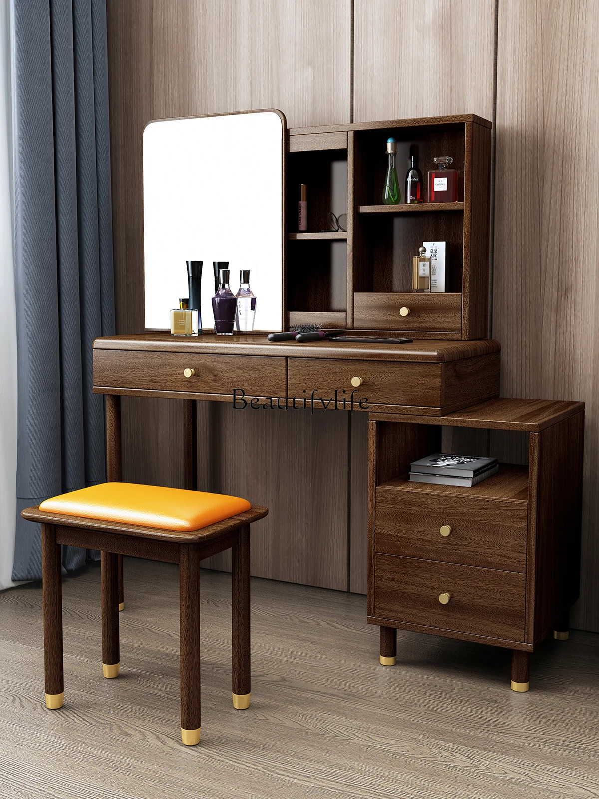 

Nordic Solid Wood Dressing Table Bedroom Modern Simple Small Apartment Light Luxury Multi-Functional Makeup Table