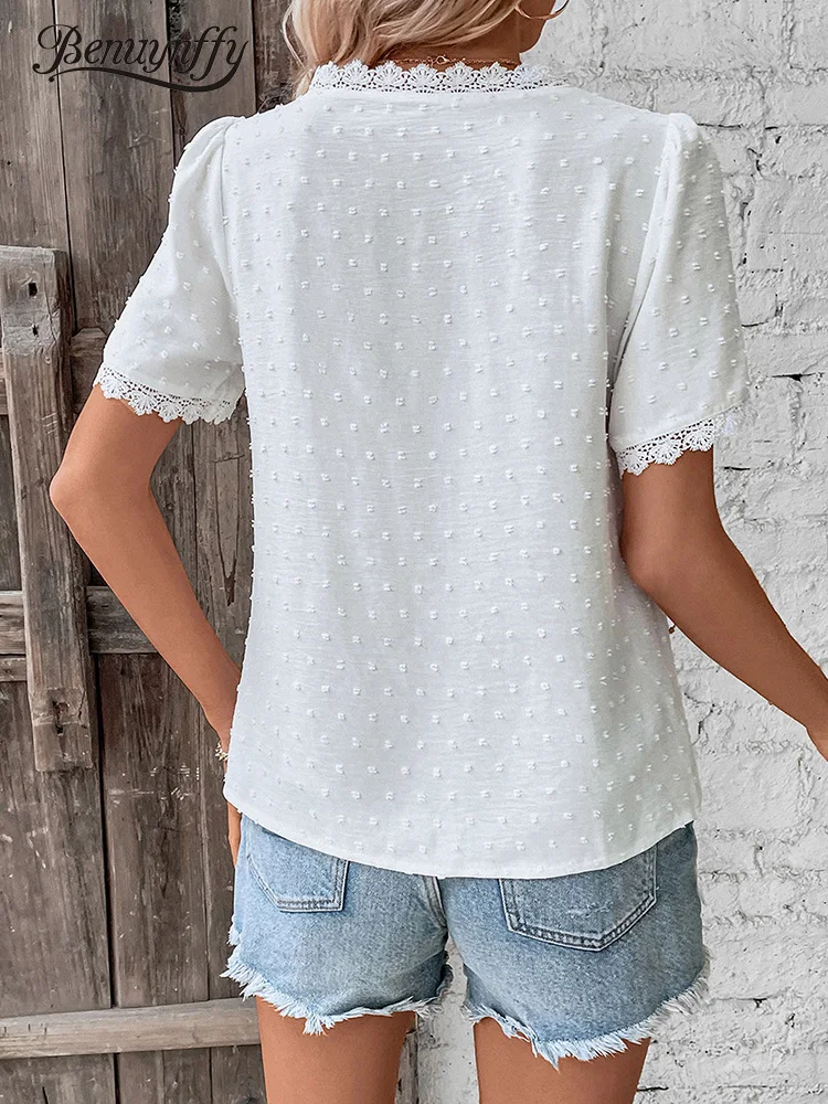 Benuynffy V-neck Lace Swiss Dot Solid Tops Blouse Women Fashion 2024 New Summer Short Sleeve Boho Sweet Casual Female Blouses