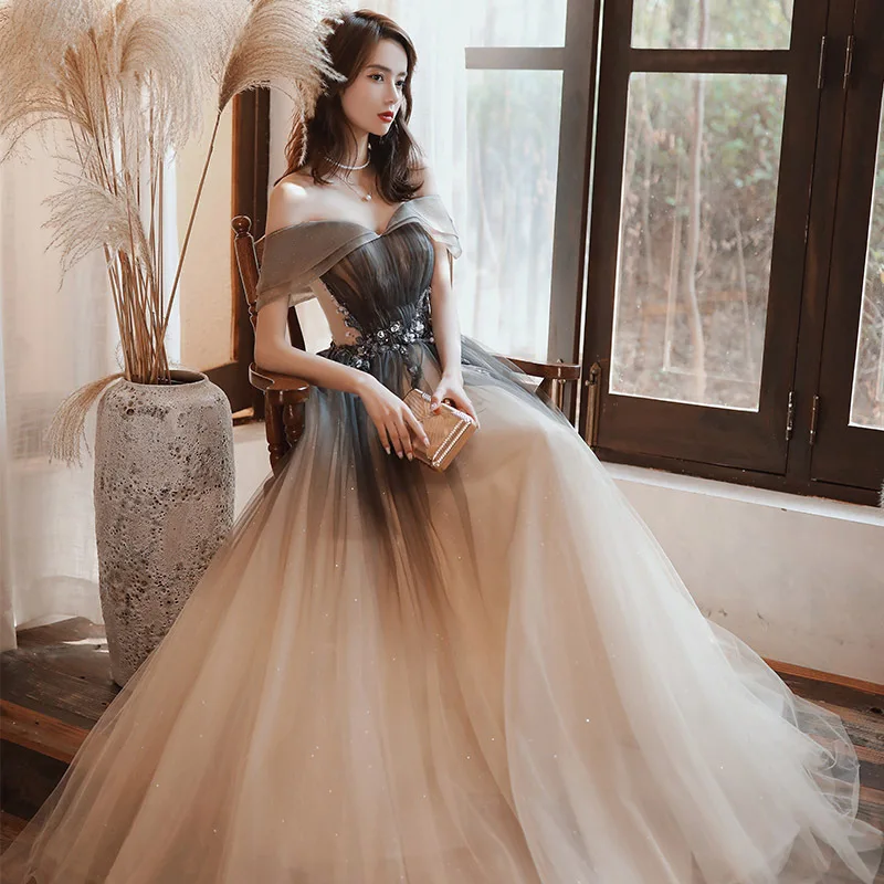 

Sexy Off Shoulder Tulle Evening Dresses French Beading Prom Gowns Party Dress Robe de Soiree