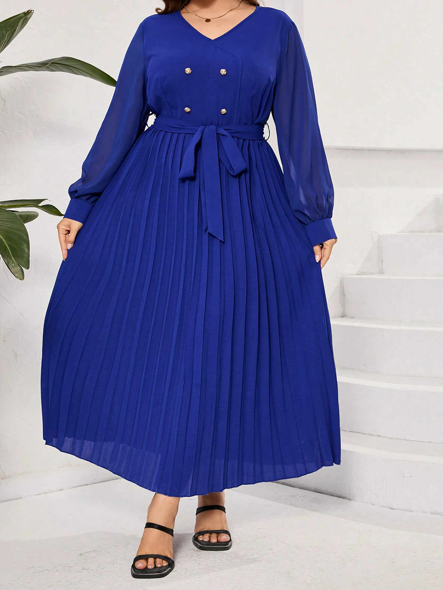 Elegant Floral Print Maxi Dress with Belted Waist and Ruffle Detailing Chic V Neck Long Sleeve Plus Size Dress for Women