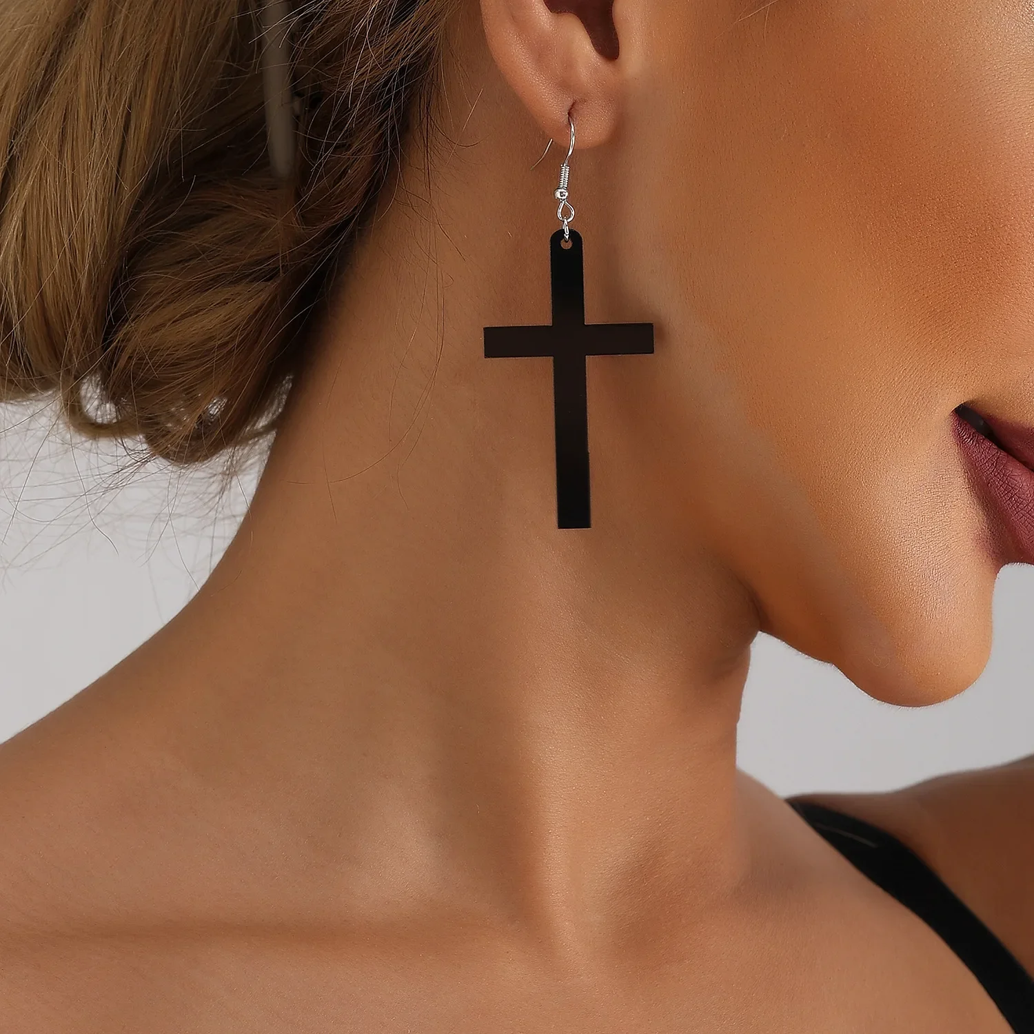 Hoop Earrings Men Dangling Black Cross Earrings Non-Pierced