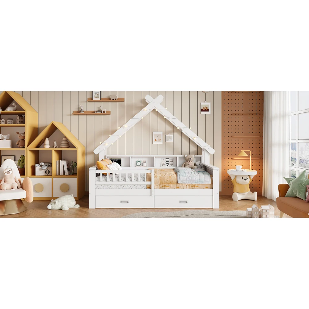 90 x 200 cm/140 x 200 cm großes Plattformbett aus Holz in Hausform, mit LED-Beleuchtung, Ablagefächern, Schubladen und Schutzgitter – Detail 16