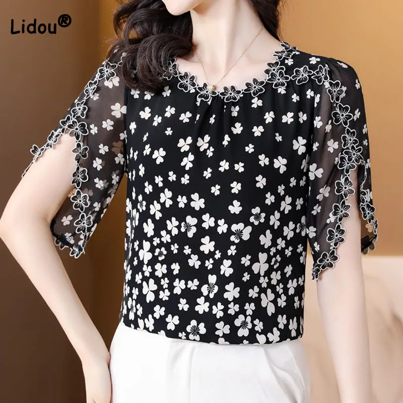 Women's Clothing Elegant Fashion Printed Chiffon Shirt Summer Loose All-match Applique Spliced Round Neck Blouse for Female