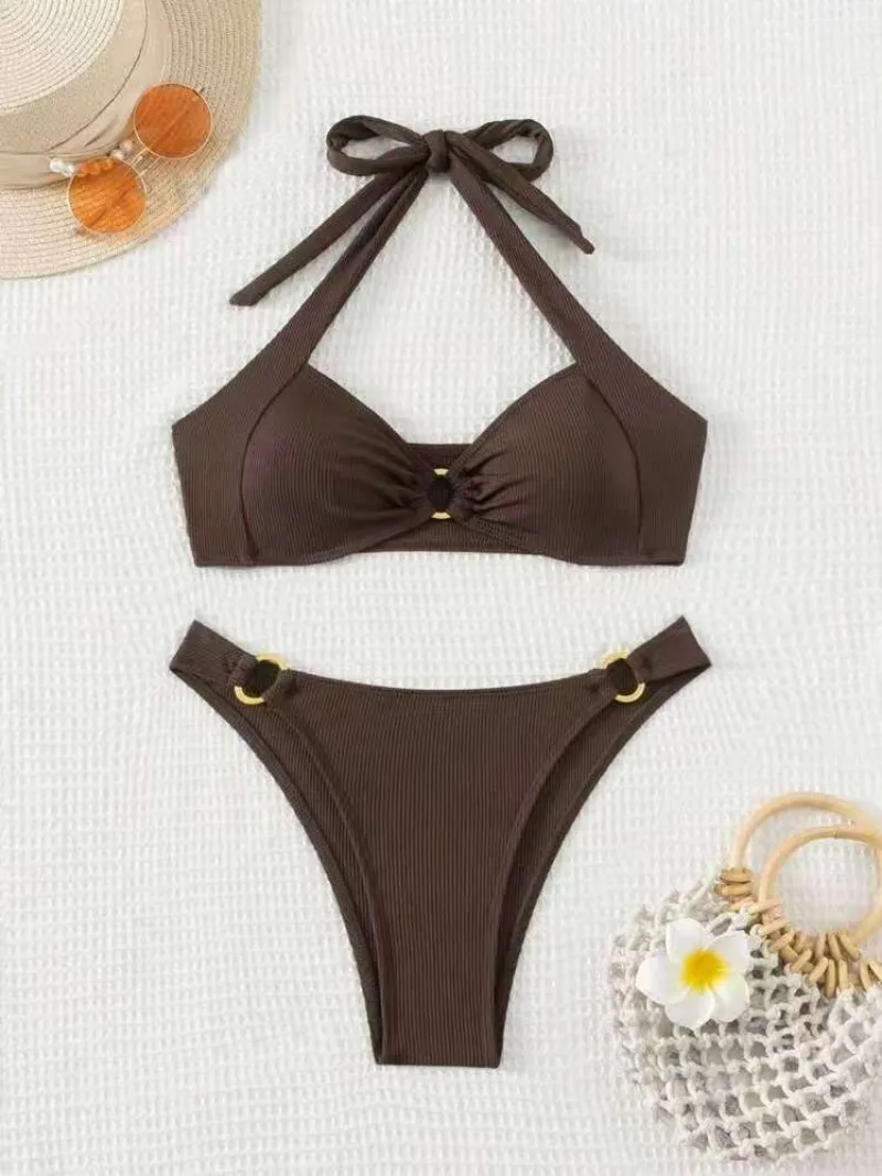 Adjustable Halter Bikini Set Solid Color Bikini Neck Trendy Swimwear for  Women Ladys Bathing Suit