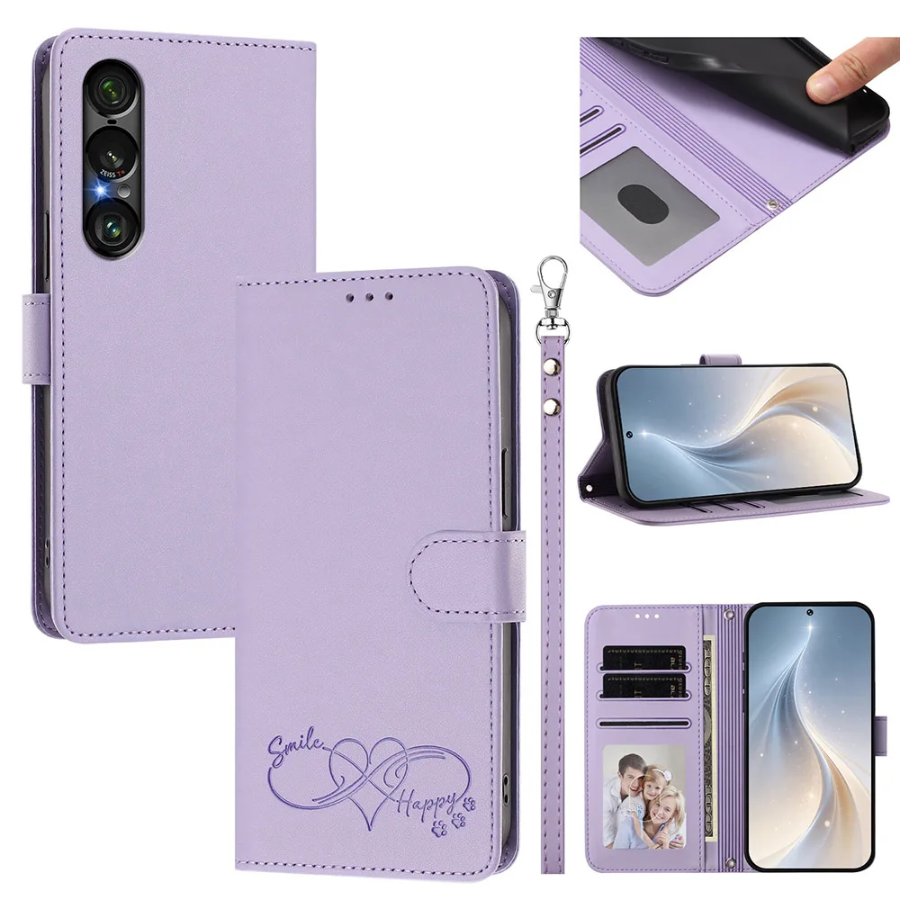 Leather Flip Wallet Phone Case with Card Holder and Strap