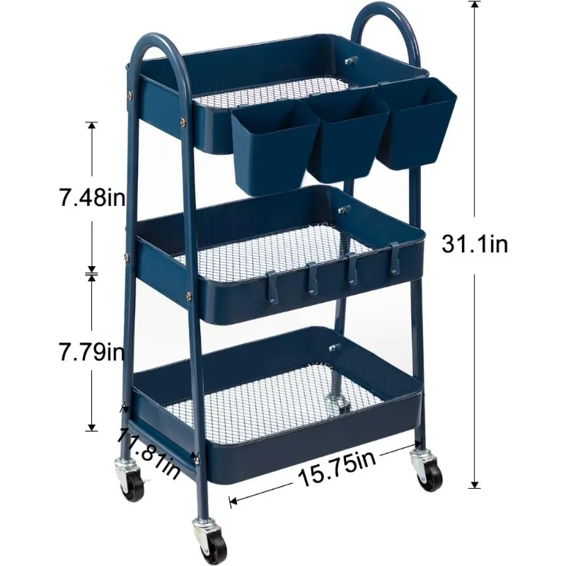3-Tier Rolling Cart, Metal Rolling Storage with Lockable Wheels & Hanging Cups & Hooks, Mobile Trolley Cart for Kitchen