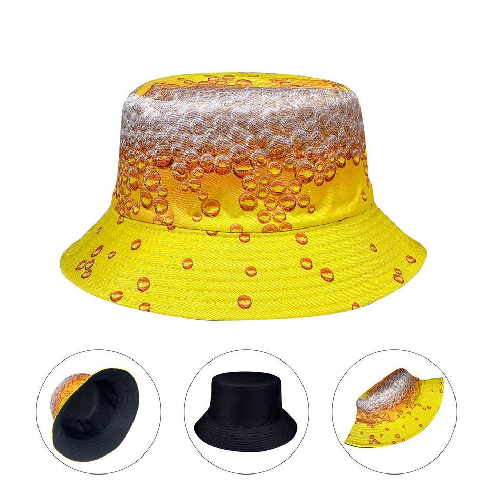 Yellow Beer Bubble Bucket Hat, Spring and Summer Festival Sun Hat, Versatile Artistic Painter Hat, Reversible, Foldable Fashionable Bucket Hat, Suitable for Outdoor Travel and Festival Party Casual Wear