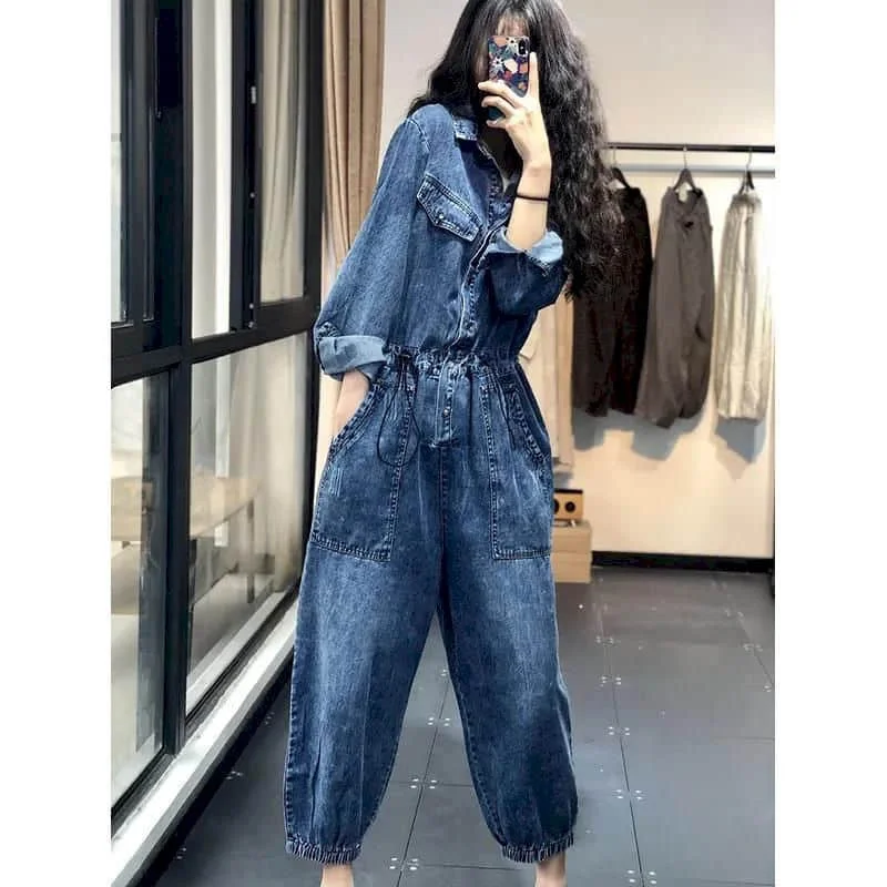 

Denim Jumpsuits for Women Long Sleeved Korean Style Harajuku Overalls One Piece Outfit Women Rompers Casual Vintage Playsuits