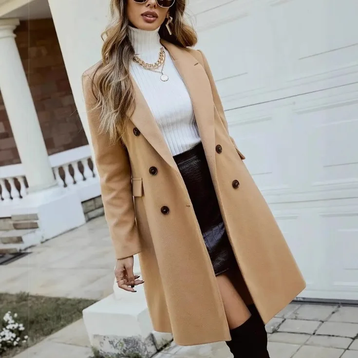 Women's Fashion Woolen Coat Double Breasted Loose Slim Fit Outerwear Elegant Commuter Versatile Comfort Casual Stylish Overcoat
