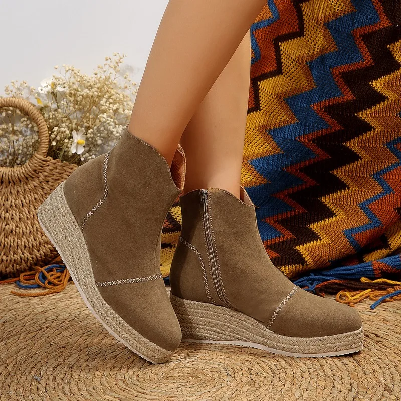 2023 Winter Shoes for Female Side Zip Women's Ankle Boots Wedge Heel Med Heel Women's Shoes Platform Plus Size Ladies Boots