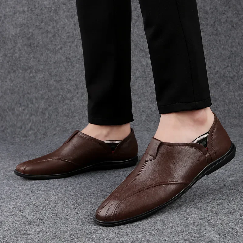

Мужские модные повседневные лоферы из натуральной кожи, мягкие удобные дышащие туфли на плоской подошве, мужская легкая обувь