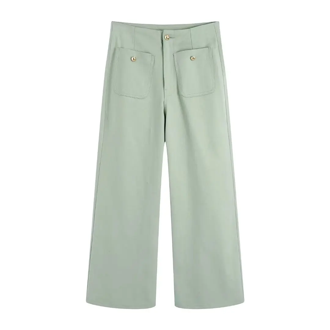 Spring 2022 Women Gold Button Decoration Wide Leg Ankle Jeans High Waist Pockets Female Denim Pants BB22196 patchwork jeans Jeans