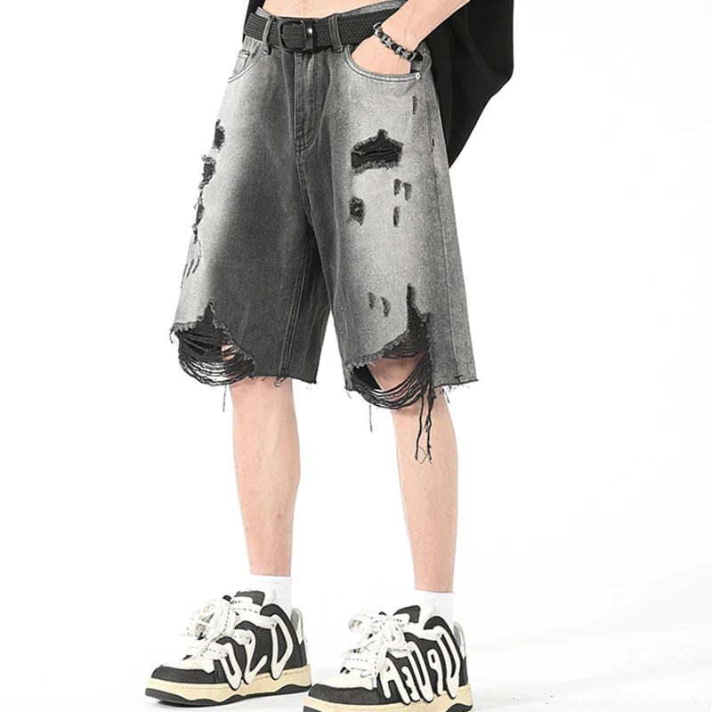 Fashion Loose Spliced Zipper Pockets Tassel Hole Korean Jeans Shorts Men's 2024 Summer New Solid Color All-match Casual Shorts