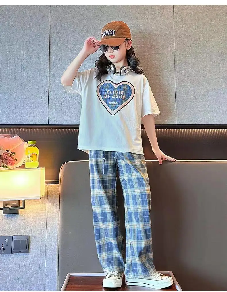 

Girls Summer Set Children Short Sleeve T-shirt + Wide Leg Pants 2pc Kids Casual Outfits Teenger Sportswear Clothes Suit4-14Years