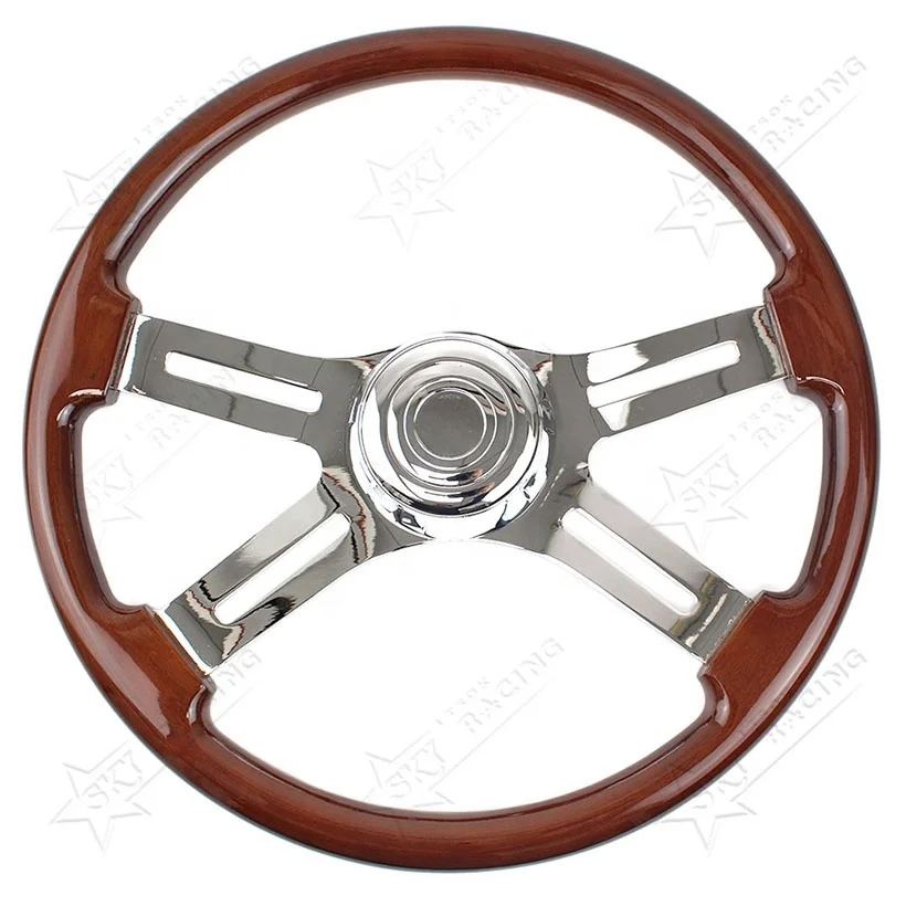 Wood Semi Truck Steering Wheel Wooden 18inch 450mm Chrome Silver 4 Spokes Semi Trailer for