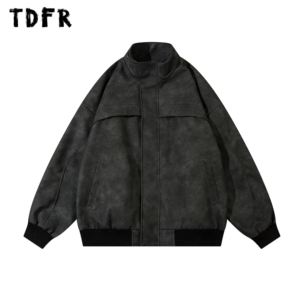 

Spliced Motorcycle Jacket Mens Autumn Casual Streetwear Loose Stand Collar Long Sleeve Leather Jacket Men Outerwear