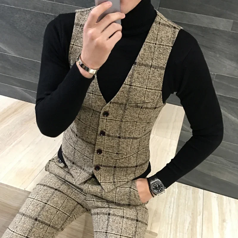 Fine Cotton Fashion High-quality Goods Men's Grid Formal Wedding Dress Waistcoat Suit Vest Male Thick Grid Business Suit Vests 2