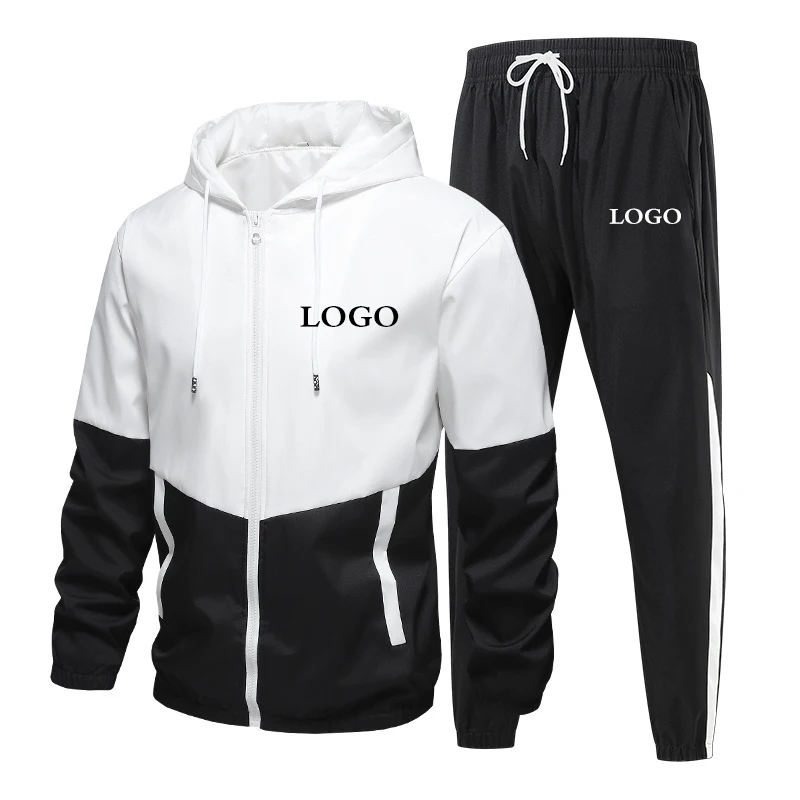 Custom Logo Men Tracksuit Patchwork Zipper Cardigan + Sweatpants 2 Pieces Set Spring Autumn Fashion Streetwear Male Jogging Suit