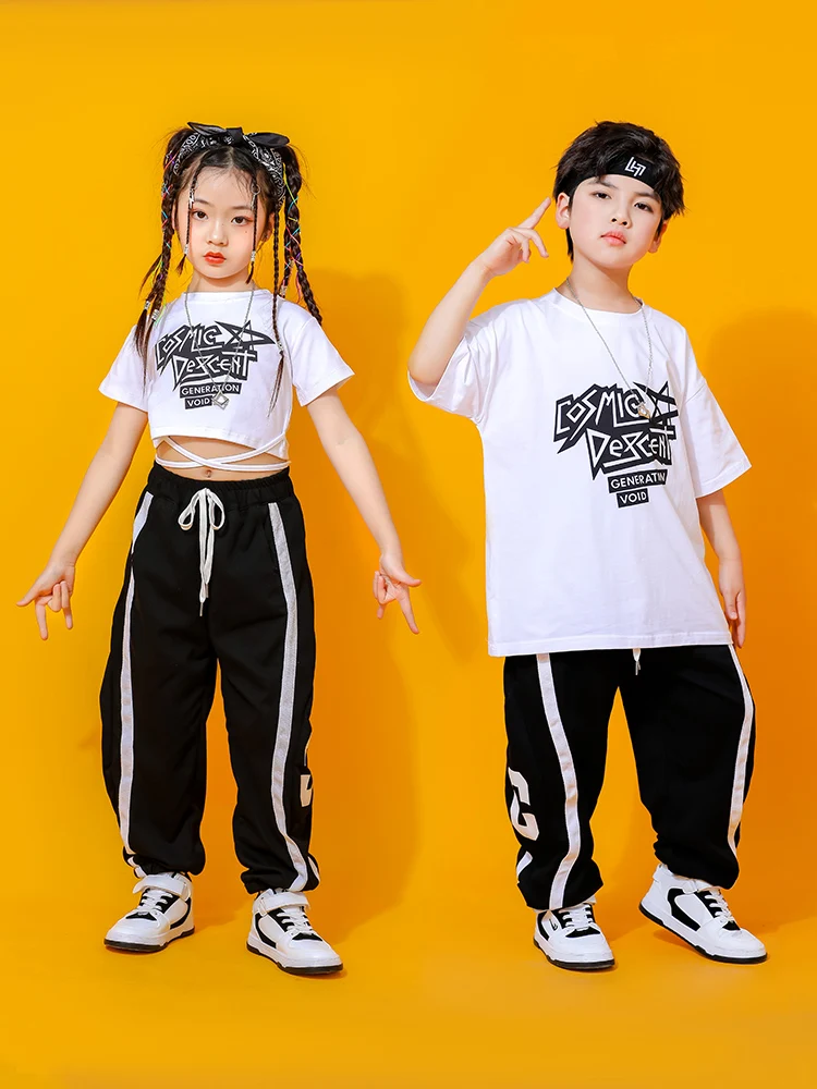 

Children Street Dance Hip Hop Dance Clothes Summer Girls White Tops Black Pants Boys Drum Jazz Dance Costume Rave Outfit BL10437