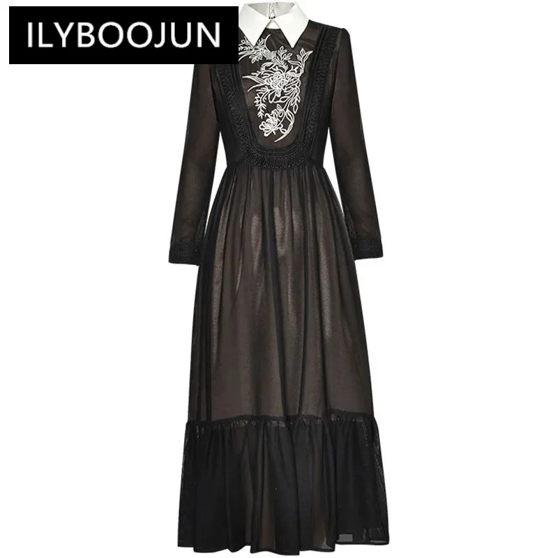 

ILYBOOJUN Fashion Designer Black Vintage Dress Women Lapel Long Sleeve Embroidery Ruffle High Waist A-LINE Slim Long Dress