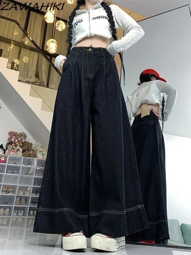 

ZAWAHIKI Baggy Jeans Chic Designed Vintage Solid Color Loose Spring Fall Casual All Match Wide Leg High Waist Kpop Denim Pants