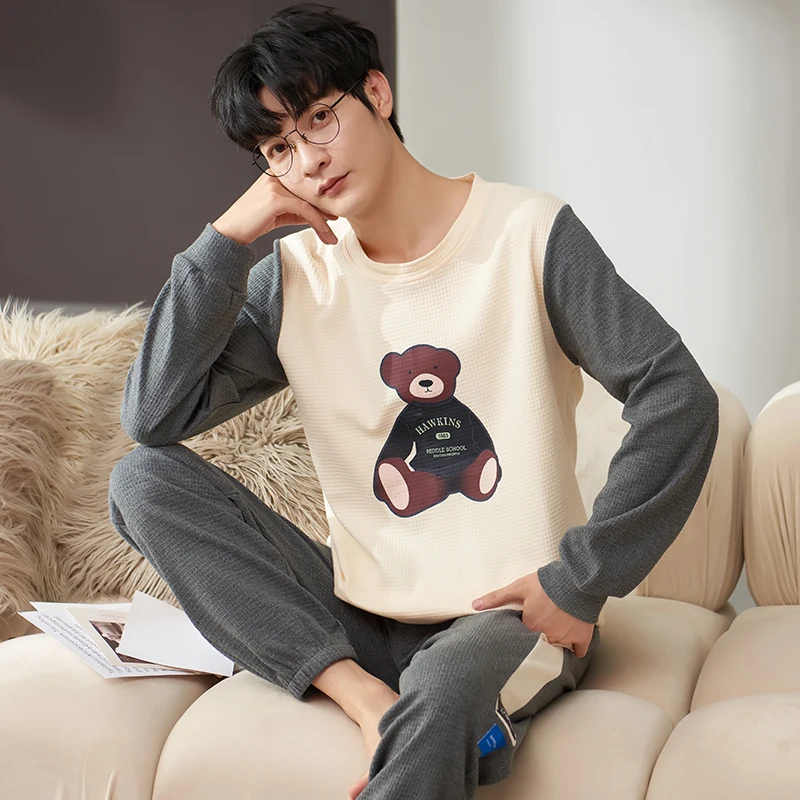 Mens Pajamas Solid Color Casual Soft Sleepwear Cartoon Breath Pajama Sets Sleep&Lounge Pyjamas Spring Autumn Comfort Homewear
