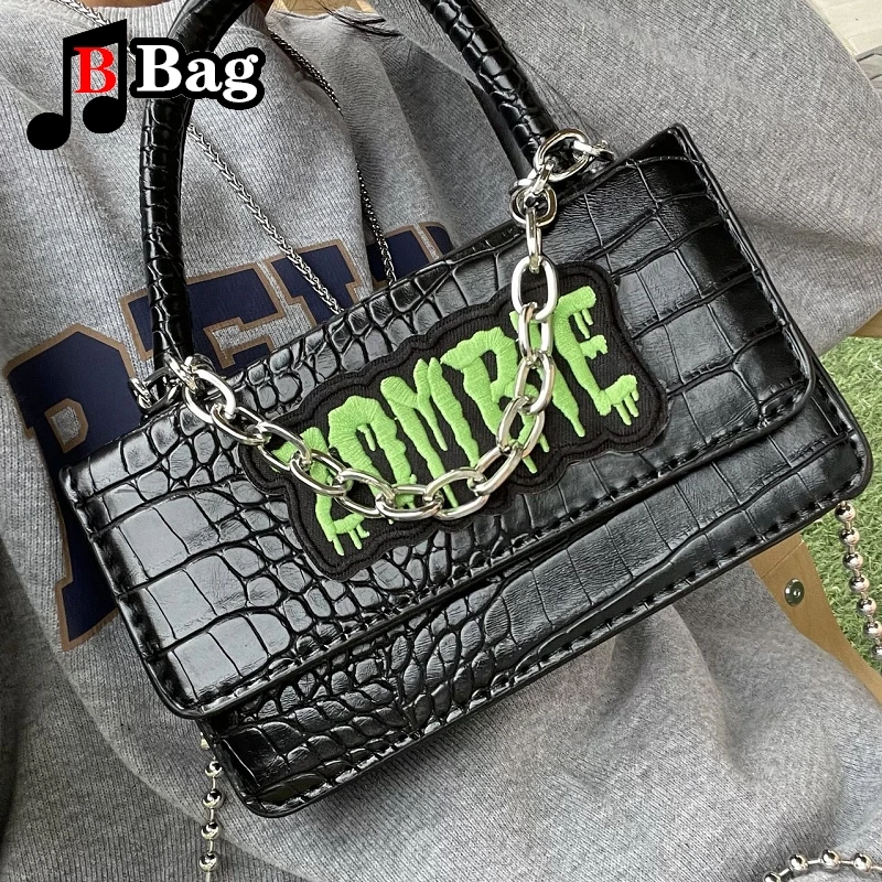 Y2K Women Girls Gothic Skulls Printing Leather Shoulder Bags Totes Female Punk Cross Chain Large