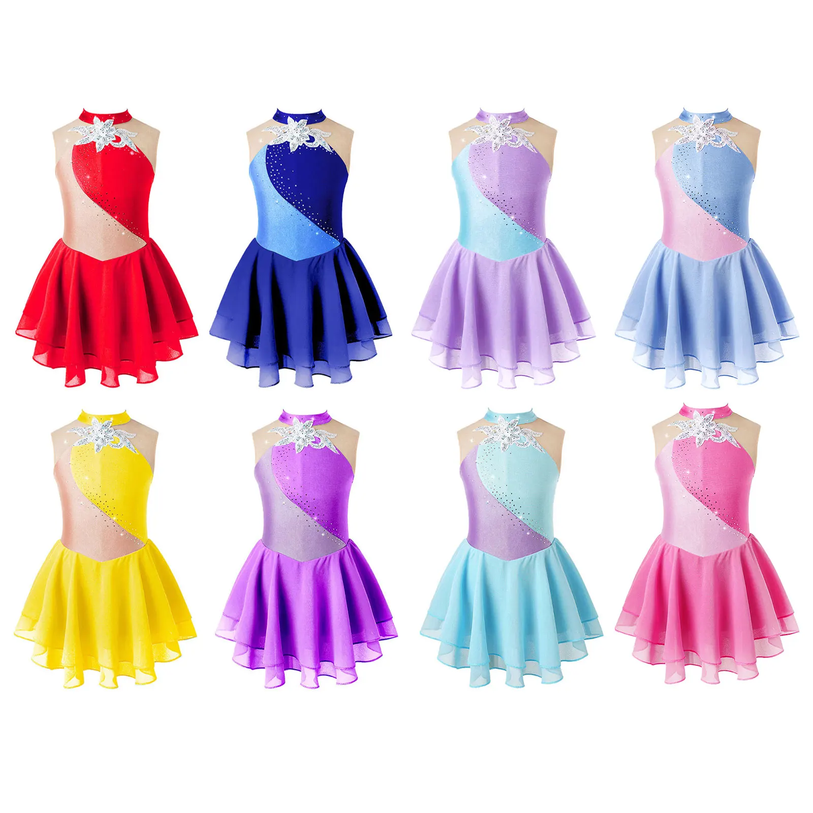 Kids Girls Figure Skating Dress Lyrical Dance Ballet Gymnastics Acrobatics Leotard Tutu Sleeveless Rhinestone Mesh Dancewear