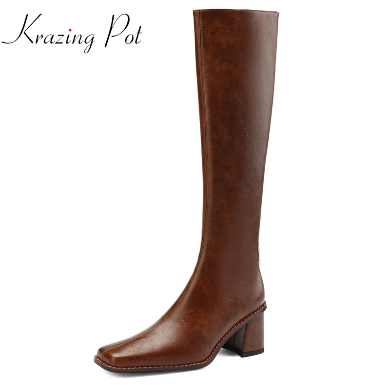 

Krazing Pot Cow Leather Round Toe Thick High Heel Winter Warm Fashion Boots Concise Style Fashion Beauty Lady Thigh High Boots
