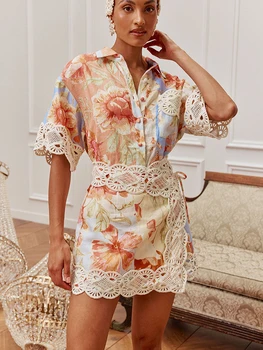 Print Mini Dress Women Short Sleeves Single Breasted Waistband Patchwork Lace Up Vestidos Female 2026 Summer New Vacation Robe