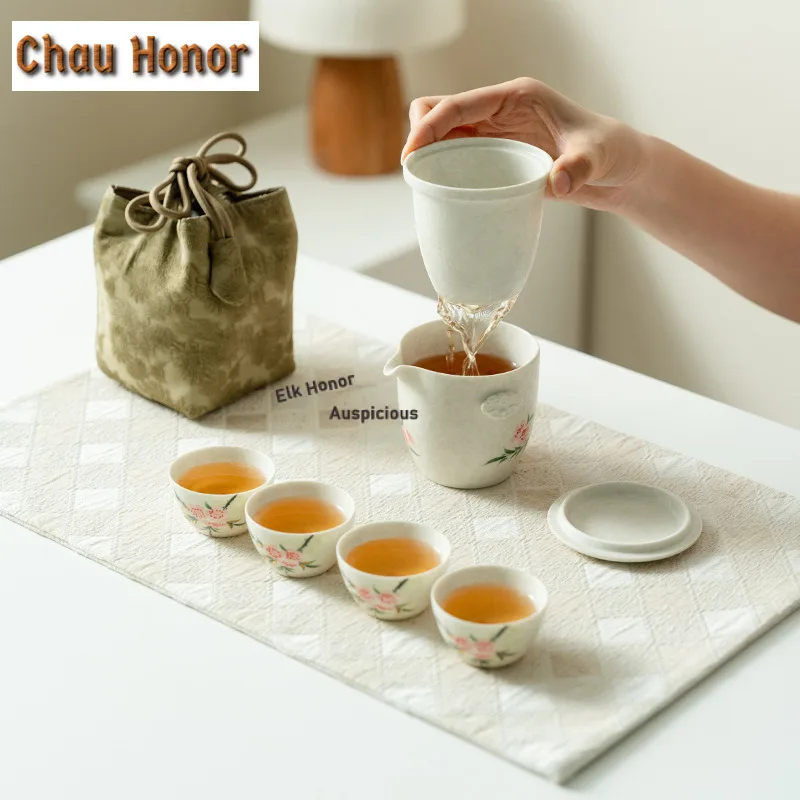 Pure Hand-painted Peach Blossom Travel Tea Set Kit Creative 1 Pot 4 Cups Tea Making Organizer Portable Outdoor Handbag Supplies