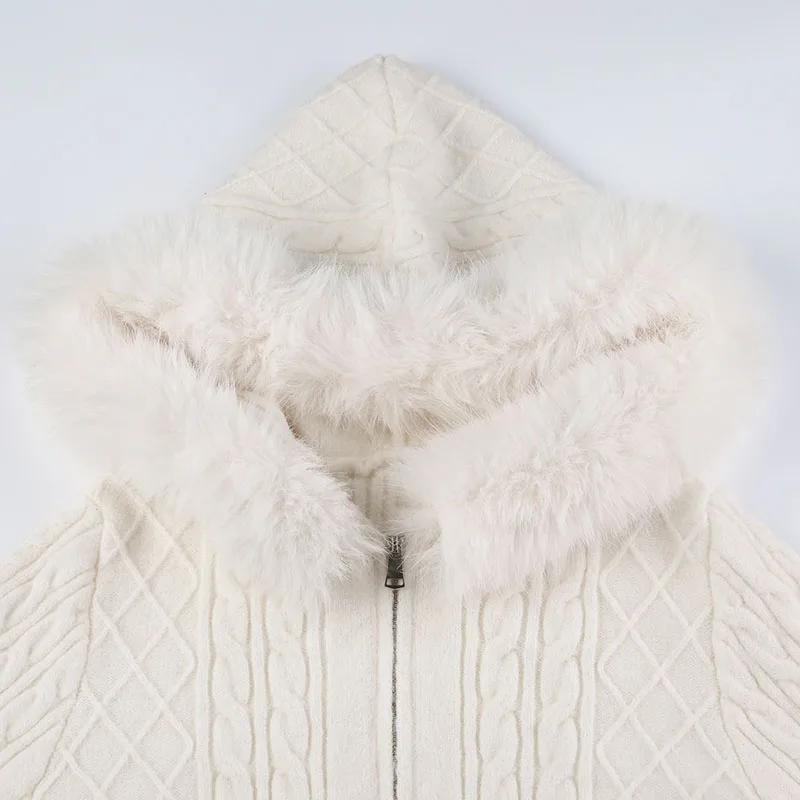White Solid Slim Zip Up Hooded Cropped Sweater Cardigan Women Autumn Winter New Sweet Coquette Fluffy Outerwear