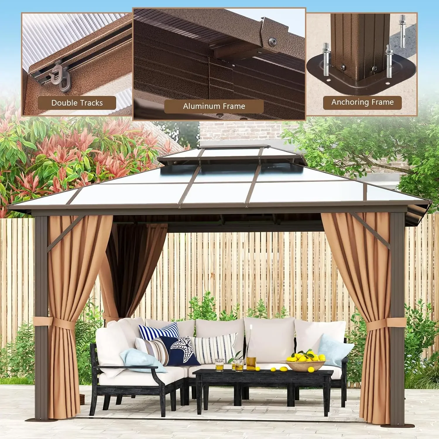 10'x12' Hardtop Gazebo with Netting and Curtains, Outdoor Gazebo with Aluminum Frame, Double Roof Canopy Party Tent for Patio 5
