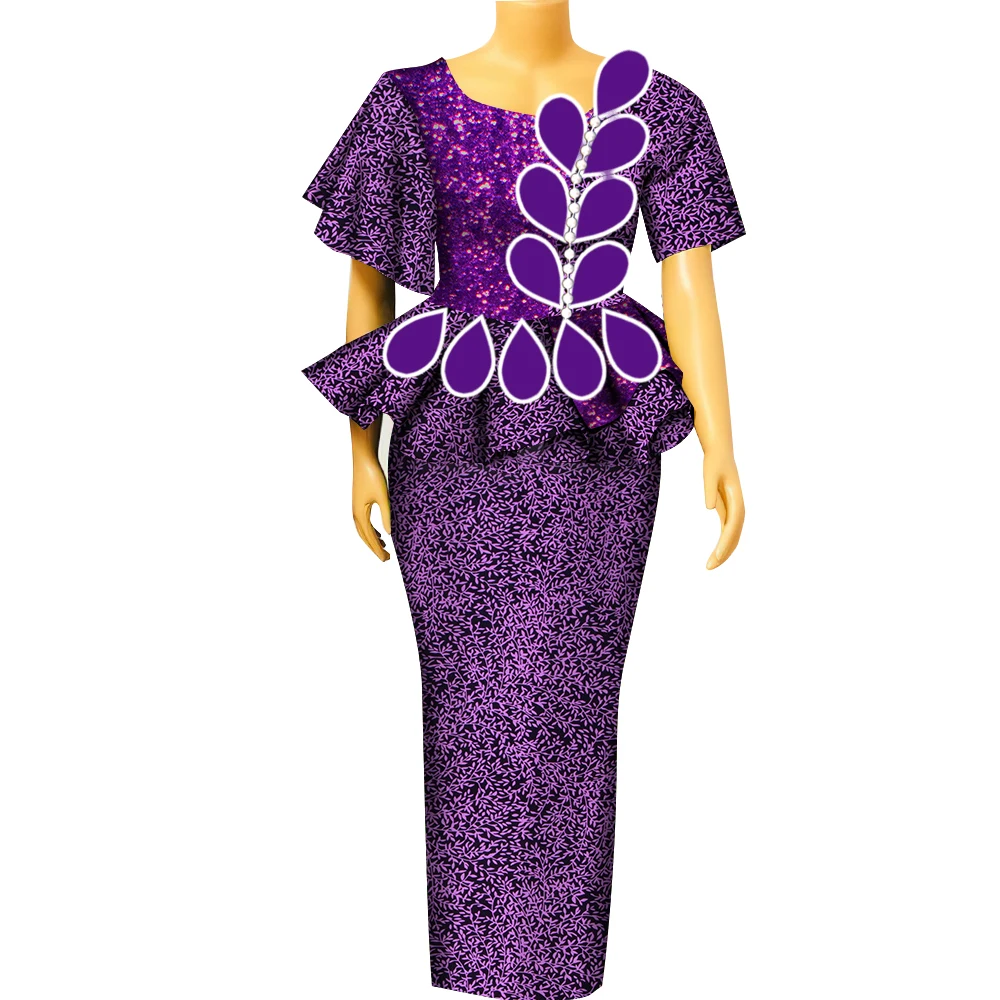 BintaRealWax 여성용 아프리카 투피스 세트, Dashiki 물방울 패턴 아프리카 의류, 파티용 바진 레이디 의류, YF..