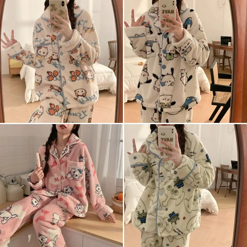 

Cartoon Hello Kitty Coral Velvet Pajamas for Women Autumn Winter Lapel Long-Sleeved Trousers Cute Casual Warm Home Clothes Set