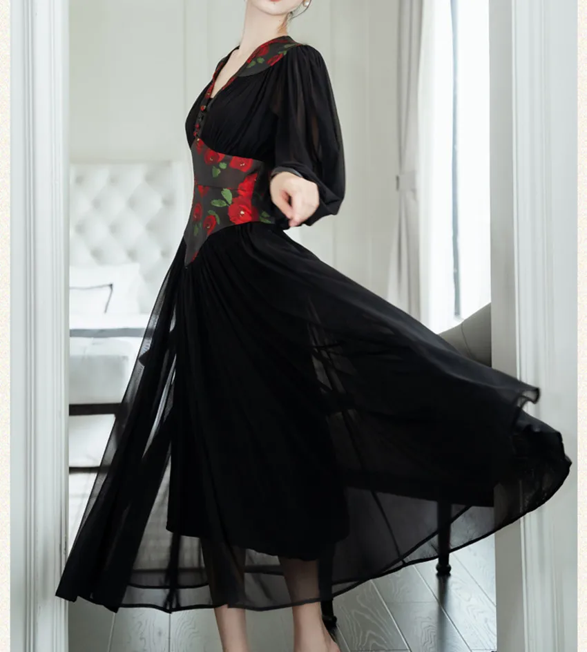 

Retro Elegant Women V Neck Black Flowers Dress Vintage Summer Rose Print Lantern Sleeve High Waist Mesh Long Holiday Dresses
