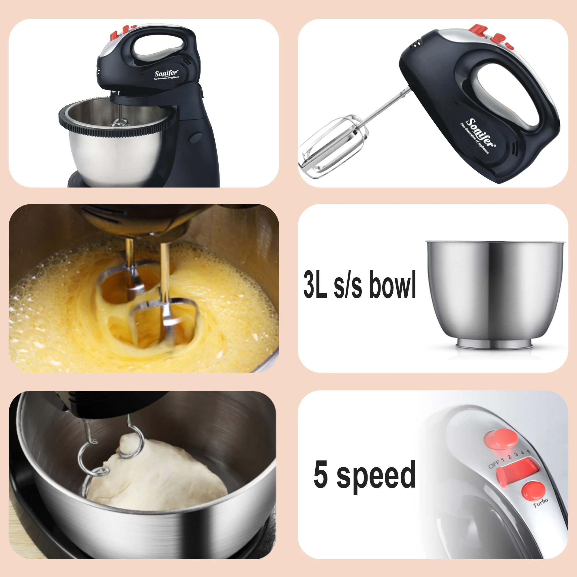 Stand Mixer Professional Kitchen Aid Chef Machine 250W Food Blender Cream Whisk Cake Dough Mixers With 3L Bowl Charm Sonifer 2