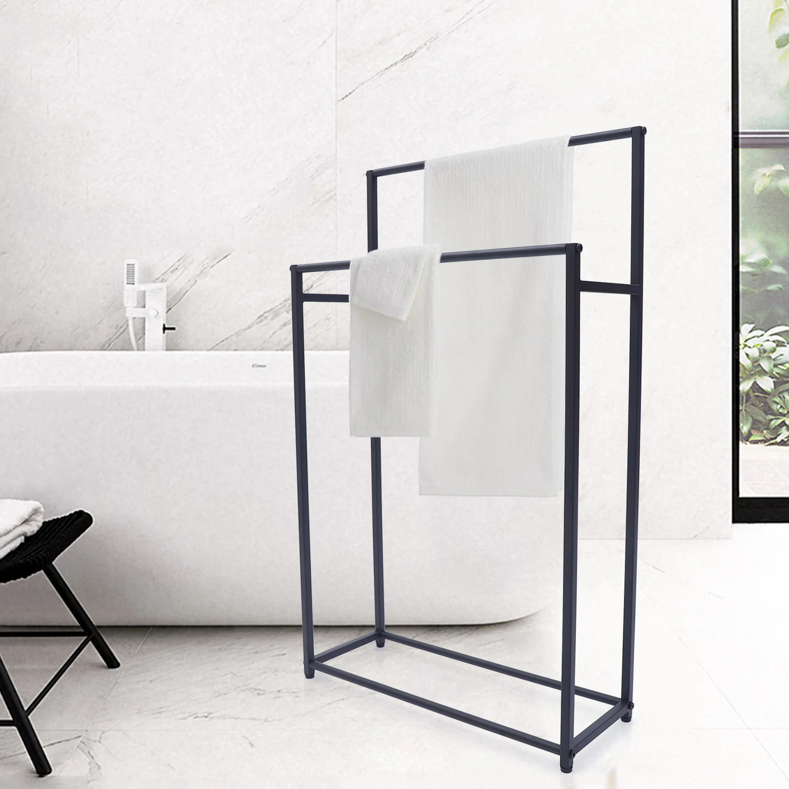

Square 2-Tier Metal Freestanding Towel Rack Floor Standing Organizer Stand for Bathroom Bedroom Hotel Balcony Yard