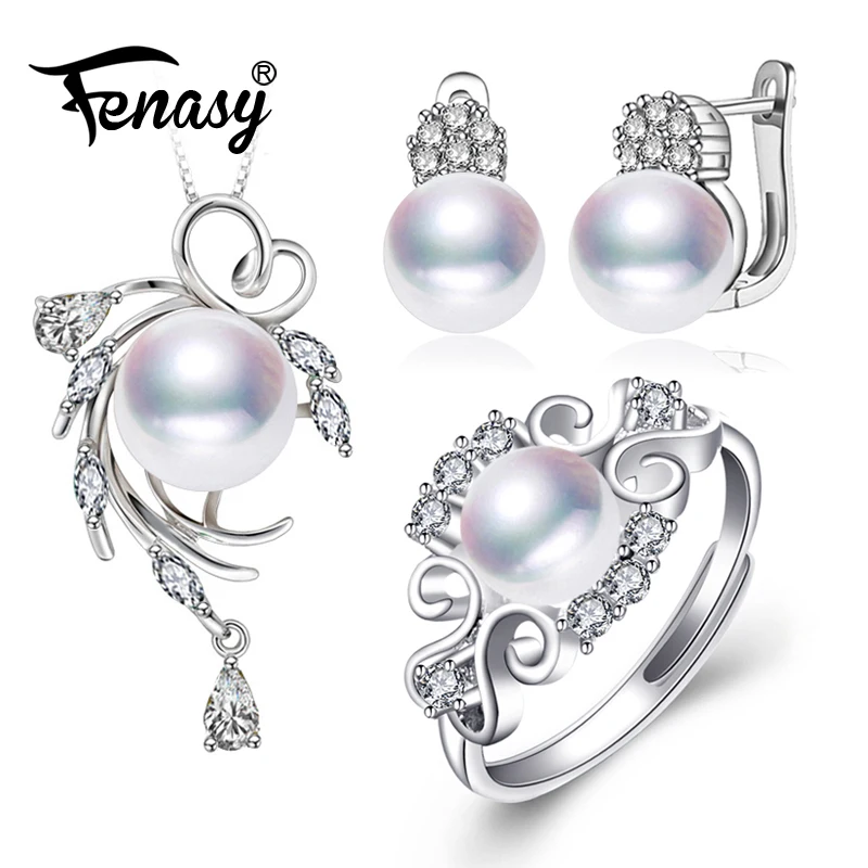 

FENASY 925 Sterling Silver Jewelry Sets Natural Pearl Stud Earrings Custom Bohemian Pendant Chain Necklace For Women Ring Set