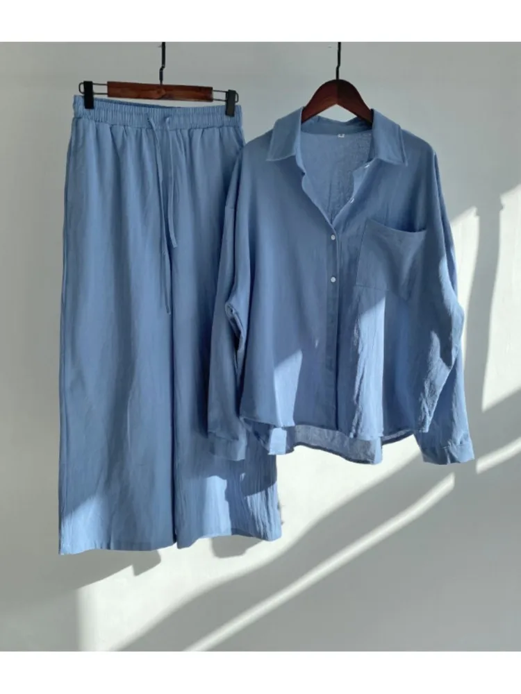 Cotton And Linen Solid Color Pant Sets Women Single-breasted Shirts And Drawstring Loose Wide Legs Trousers Two Piece Set Casual