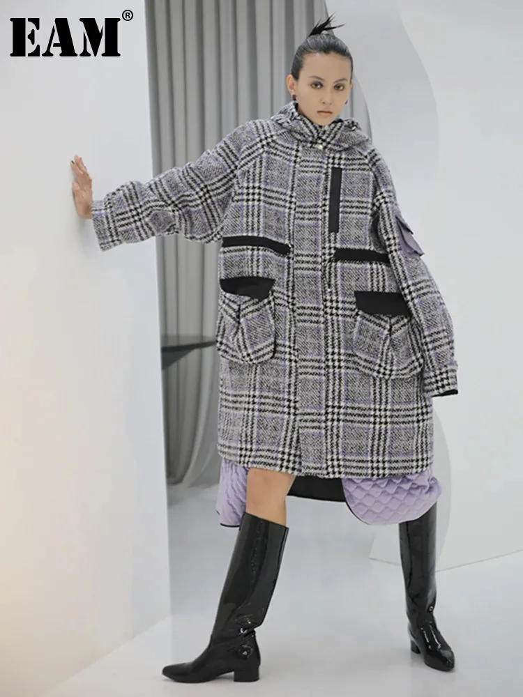 

[EAM] Loose Fit Purple Plaid Big Size Long Woolen Coat Parkas New Long Sleeve Women Fashion Tide Autumn Winter 2024 1DE9472