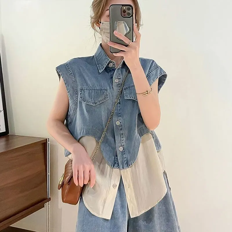 Elegant Fashion Harajuku Slim Fit Female Clothes Loose Casualall Match Patchwork Button Sleeveless Tops Shorts Two Piece Set