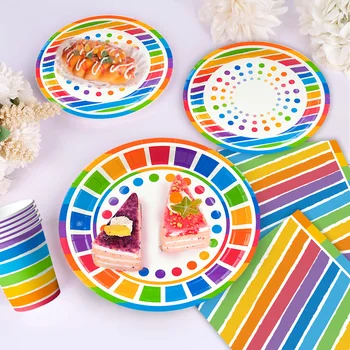 Rainbow Party Supplies,94pcs Party Decorations&Tableware Set-Rainbow Party Plates Napkins Cups & Rainbow Balloons Banner etc 5